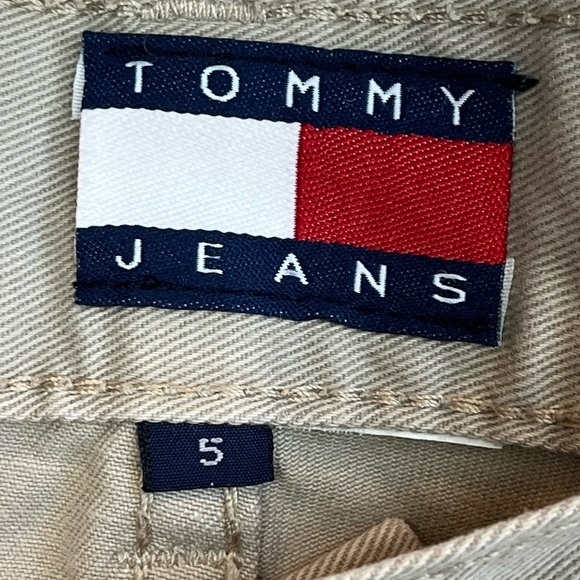 Vintage 90s Tommy Jeans Hilfiger Spellout Womens Tan Cargo Pants Sz 5 Button Fly - Picture 1 of 16
